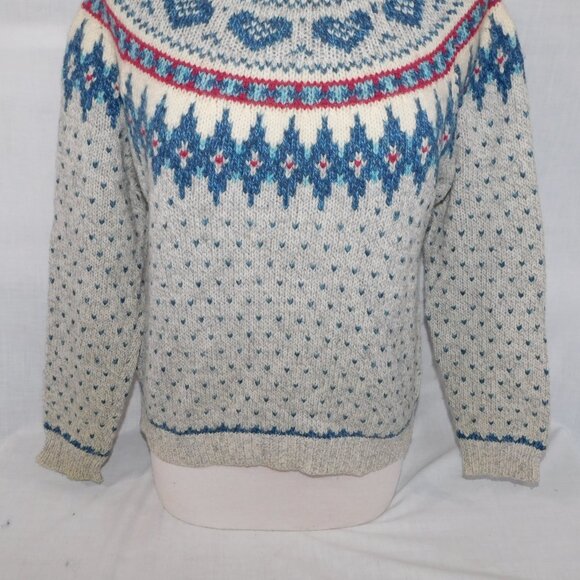 VTG Woolrich Womens M Wool Blend Fair Isle hearts  Sweater Gray Blue Maroon - Picture 3 of 9